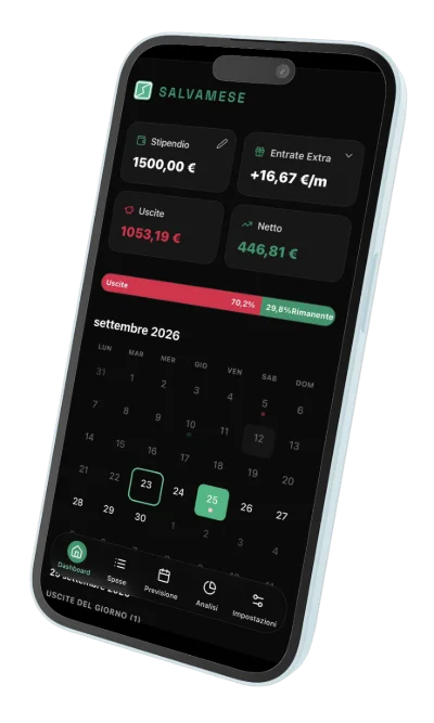 La dashboard di SalvaMese: stipendio, entrate extra, uscite del mese, quanto resta e il calendario delle scadenze